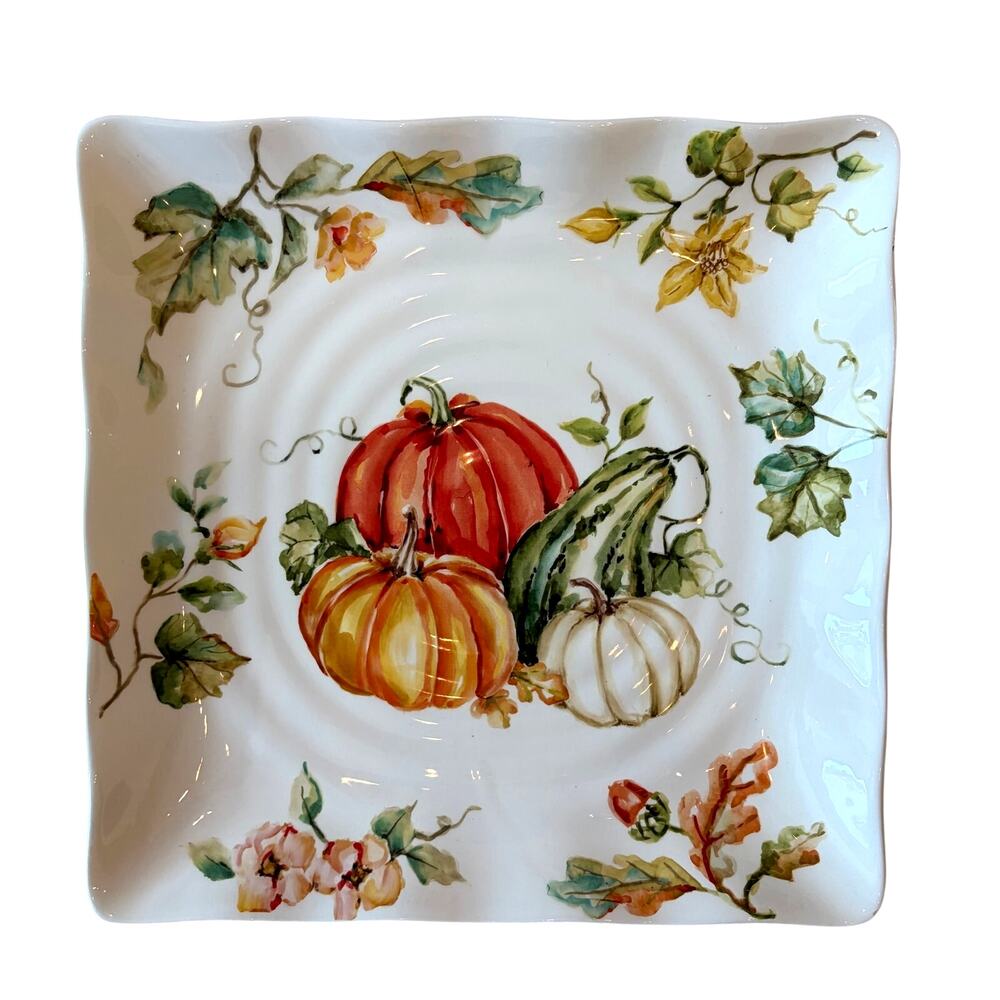 Maxcera FALL PUMPKINS Dinner Plates 11" Square Ceramic Set of 4 Thanksgiving NEW